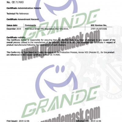 Certificado EU Type Examination para produto CE 717693 com texto e logo grande e site grandemask.com