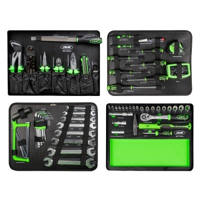 Conjunto de ferramentas JBM PROFESSIONAL com alicates, chaves, martelos e chaves de fendas em quatro painéis.