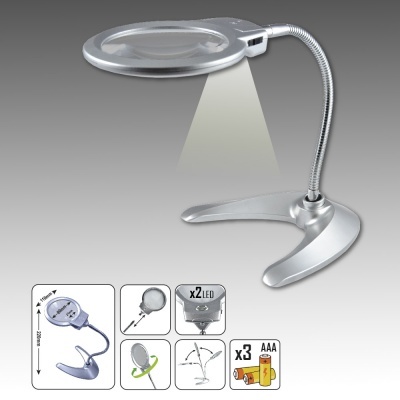 Lâmpada de mesa com lupa e luz LED prateada com braço flexível e base em U