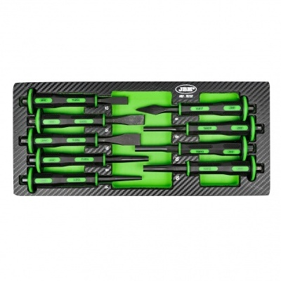 Conjunto de ferramentas de precisão com cabo verde e preto num suporte preto