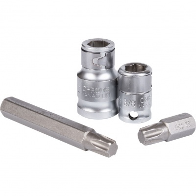 Conjunto de quatro ferramentas de metal prateado, incluindo soquetes e pontas chatas.