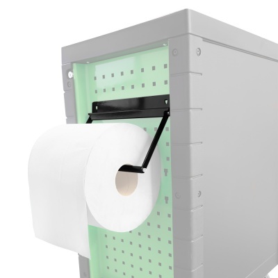 Porta-rolo de papel higiênico preto em estrutura metálica cinza com painel perfurado verde claro