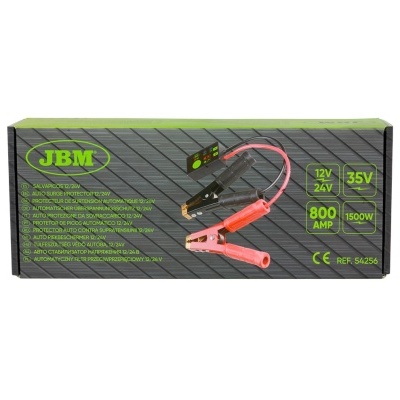 Embalagem do produto JBM com cabos de arranque vermelhos e pretos e especificações técnicas em verde