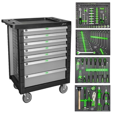 Carrinho de ferramentas cinza e preto com ferramentas organizadas em bandejas ao lado