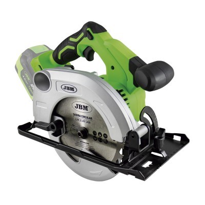 Serra circular elétrica portátil verde e preta com lâmina metálica e bateria recarregável