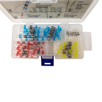Caixa plástica com fusíveis termoretráteis coloridos organizados