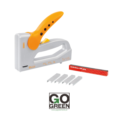 Grampos e grampeador cor cinza e laranja com caixa de grampos vermelha