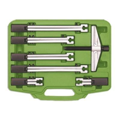 Jogo de ferramentas T-bar em caixa verde com barras prateadas e pretas