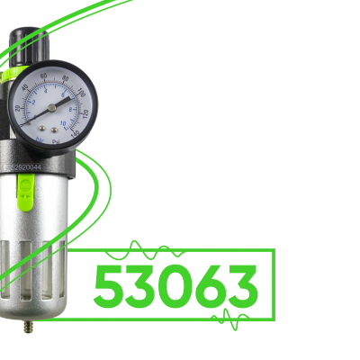 Filtro regulador de pressão com manómetro e indicador verde, fundo branco com elementos gráficos verdes e número 53063