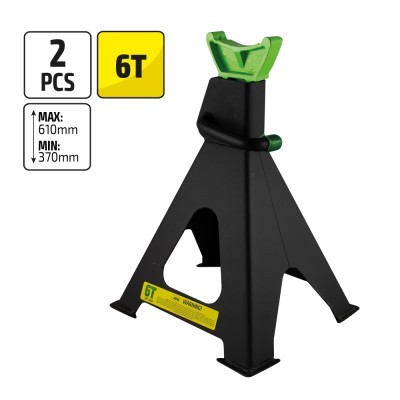 Suporte metálico preto com base triangular e topo verde para elevação de veículos até 6 toneladas
