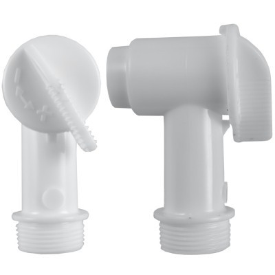 Duas torneiras brancas de plástico com diferentes tipos de manípulo, fundo branco