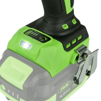 Peça de ferramenta elétrica sem fios verde, preto e cinzento com clip metálico e bateria JBM 4.0AH 72V