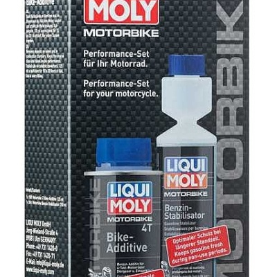Conjunto Liqui Moly para motocicletas com aditivo e estabilizador em caixa preta