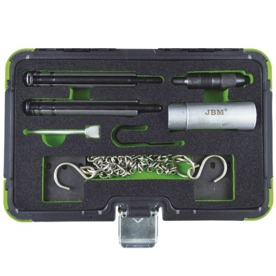 Conjunto de ferramentas diversas em estojo com espuma preta e bordas verdes