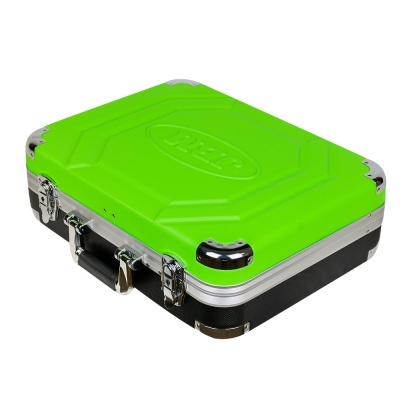 Mala rígida verde neón com fechos metálicos e pega preta