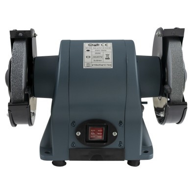 Rebolo elétrico cinzento com duas rodas abrasivas e botão de ligar vermelho