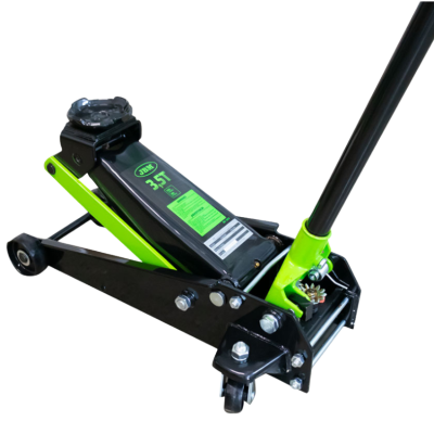 Macaco hidráulico preto e verde para elevação de veículos, com capacidade de 3,5 toneladas