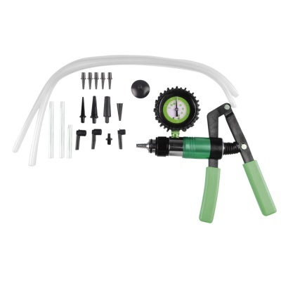 Kit de ferramenta de reparação com pistola manual verde e preta e acessórios diversos
