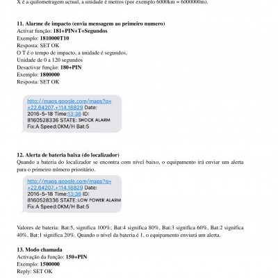 Página de manual de utilizador com instruções em português sobre comandos e alertas de dispositivo de localização