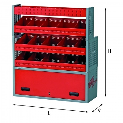 Estante organizadora metálica vermelha com divisórias e compartimento fechado