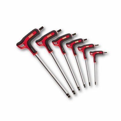 Conjunto de sete chaves allen tipo T com pega preta e vermelha e haste metálica