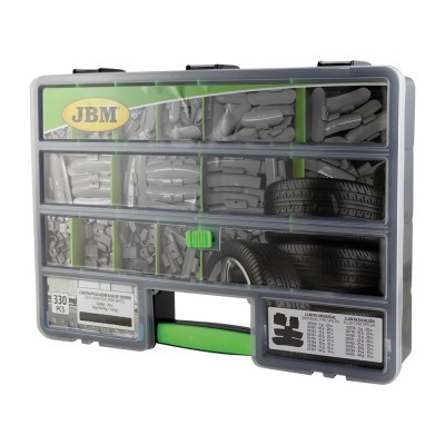 Estojo transparente com peças de reparação automóvel cinza e logotipo JBM