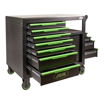 Carrinho de ferramentas preto com gavetas verdes e rodas