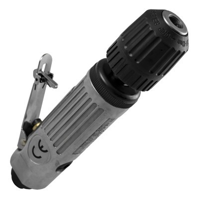 Ferramenta pneumática metálica com pega cinzenta e mandril preto em fundo branco