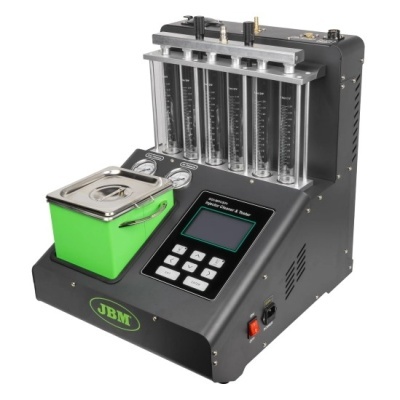 Equipamento de medição preto com tubos verticais graduados e recipiente verde