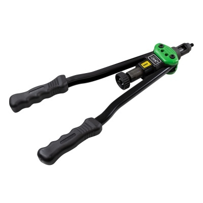 Alicate de rebites manual preto com cabeça verde e punhos de borracha