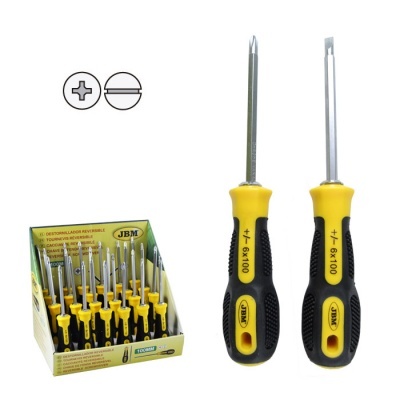 Conjunto de chaves de fendas JBM preto e amarelo em caixa de exposição.
