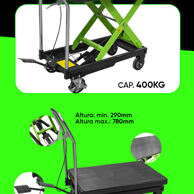 Carrinho elevatório verde e preto com capacidade 400KG e altura ajustável