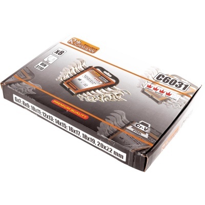 Conjunto de chaves de boca fixa em caixa preta e cinza com detalhes laranja e prata