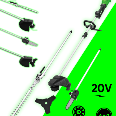 Ferramenta multifunções elétrica de jardim verde e preta 20V com acessórios variados