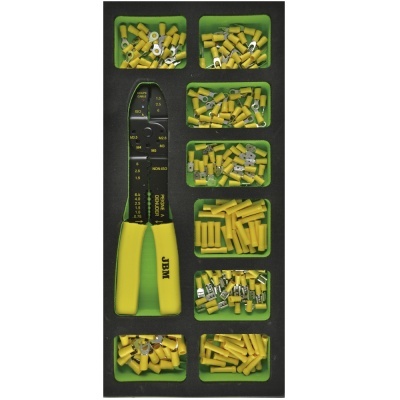 Conjunto de alicates crimadores e terminais isolados amarelos em bandeja preta