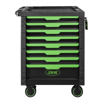 Carrinho de oficina preto com gavetas verdes e rodízios