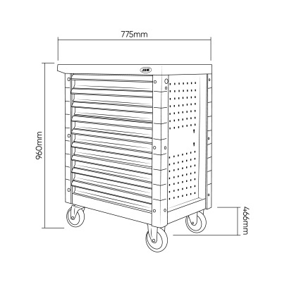 Carrinho de ferramentas metálico cinza com 7 gavetas e rodas.