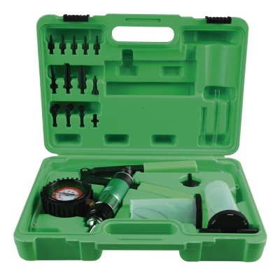 Estojo verde com ferramenta e acessórios organizados no interior