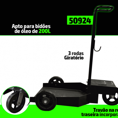Carrinho preto metálico para bidões de óleo com três rodas e travão incorporado na roda traseira