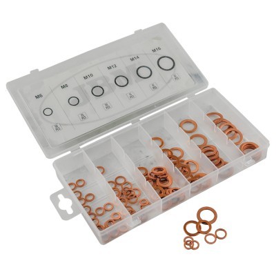 Estojo transparente com arruelas de cobre organizadas por tamanho