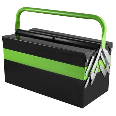 Caixa de ferramentas metálica preta com pega e faixa verde