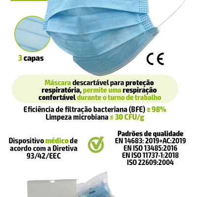 Máscara descartável azul tipo IIR hospitalar com embalagem e informações técnicas