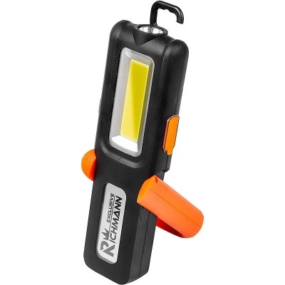 Lanterna portátil preta e laranja com luz LED e gancho