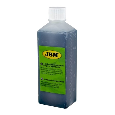 Frasco azul com fluido de teste de fugas na combustão JBM com rótulo verde