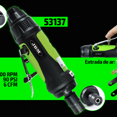 Ferramenta pneumática preta e verde JBM com especificações e acessórios