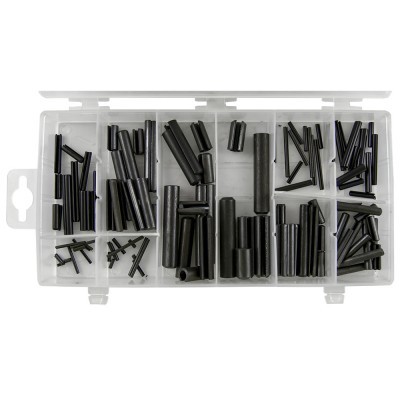 Estojo com pinos cilíndricos pretos organizados em divisórias