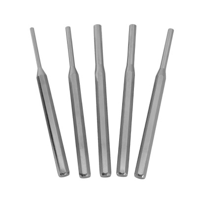 Conjunto de cinco punções cilíndricos de metal prateado