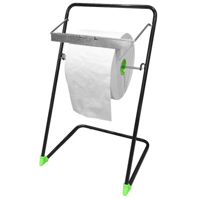 Suporte metálico para rolo grande de papel com detalhes verdes