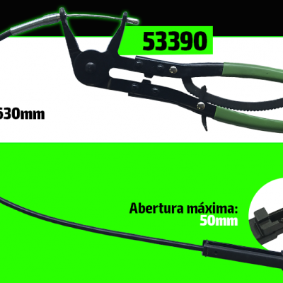 Alicate de cabo longo verde e preto com dimensões e texto em fundo preto e verde