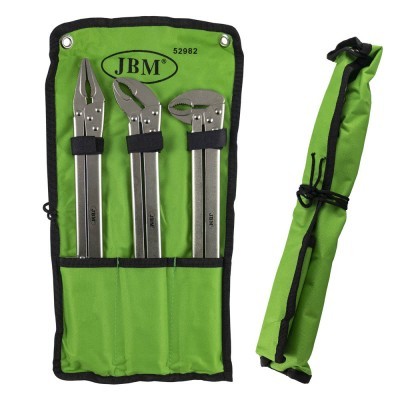 Conjunto de três alicates de aço inoxidável em estojo verde com texto JBM 52982